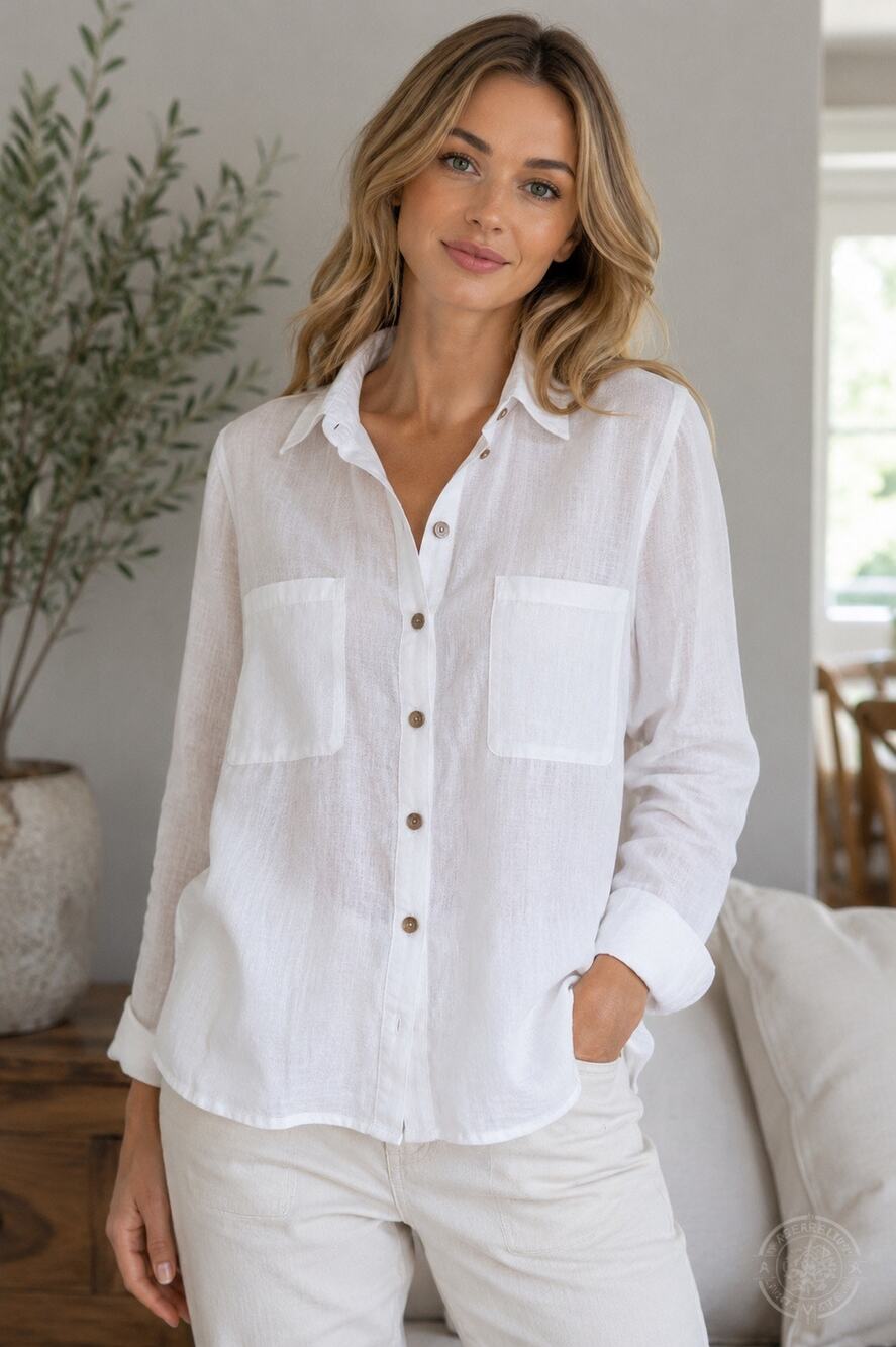 Garnet Hill 100% Linen Button Front Shirt Top White Long Sleeve Women’s M